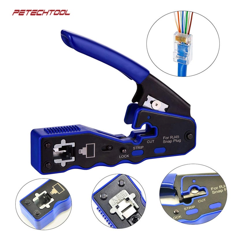PETECHTOOL RJ45 Crimp Tool Kit Crimping Tool Ethernet Crimper Wire Cutter Stripper With 1 Piece Cable Tester,20Pieces Cat6 Pass Through Connectors and 1 Piece Yellow Wire Stripper - Image 2